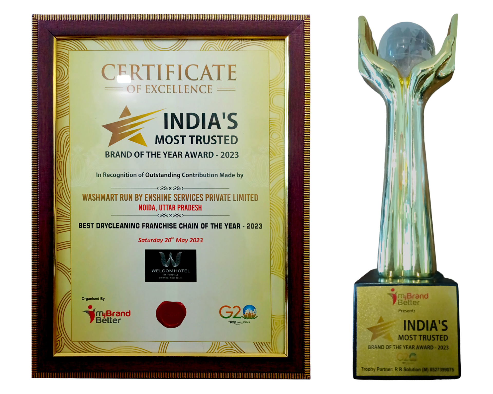 Awards and certificate of Washmart by Mybrandbetter as the most trusted brand of the year 2023