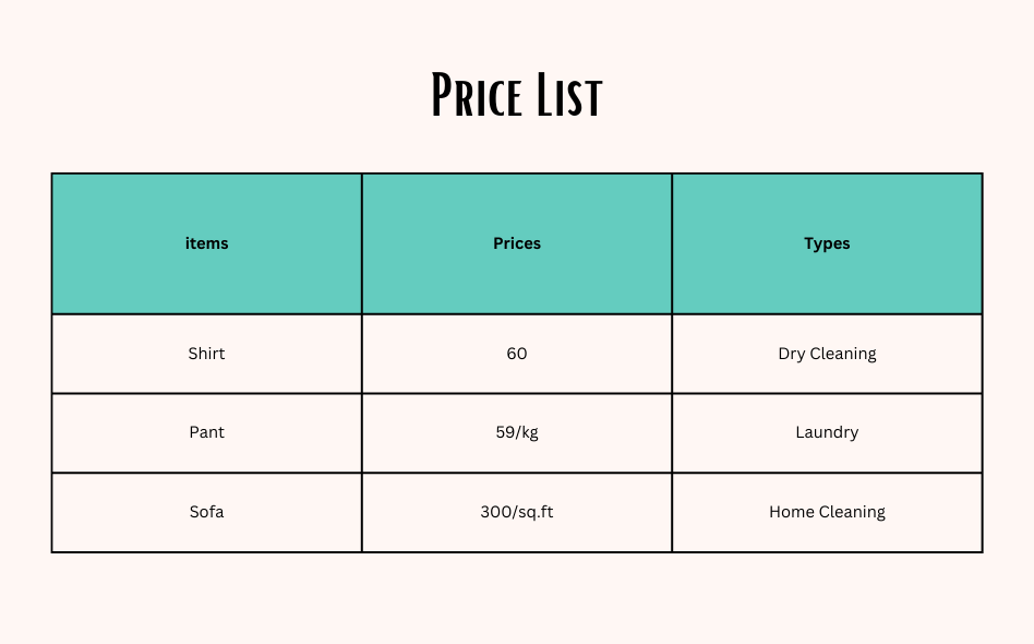 an image containing a table of of price list and the types of dry cleaning service to offer in dry cleaning business