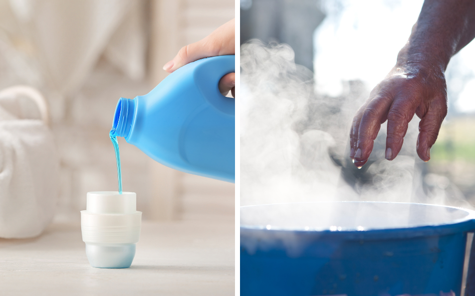 remove oil stains using laundry detergent and hot water combined