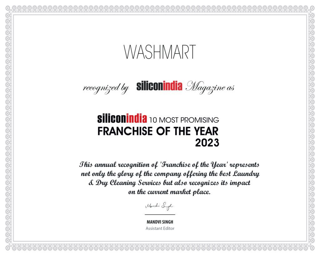 Certificate from SiliconIndia awarded Washmart as most promising franchise of the year 2023