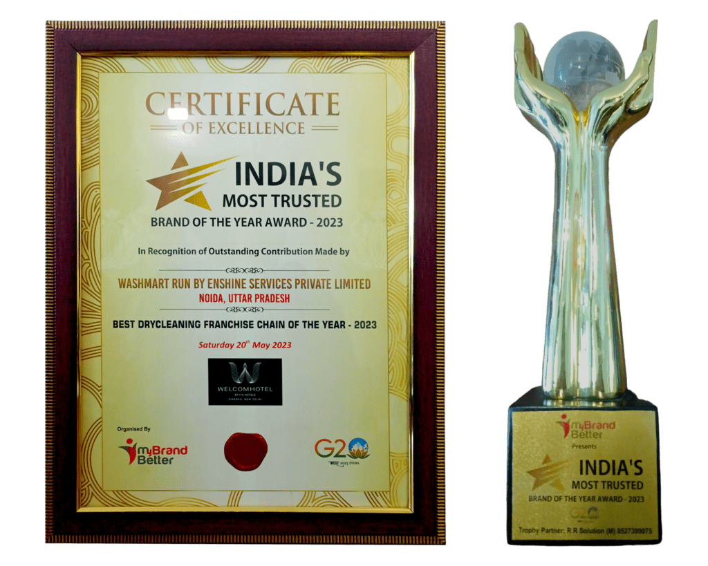 Awards and certificate of Washmart by Mybrandbetter as the most trusted brand of the year 2023