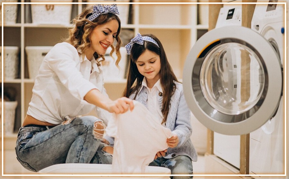 an image of mom and daughter doing laundry